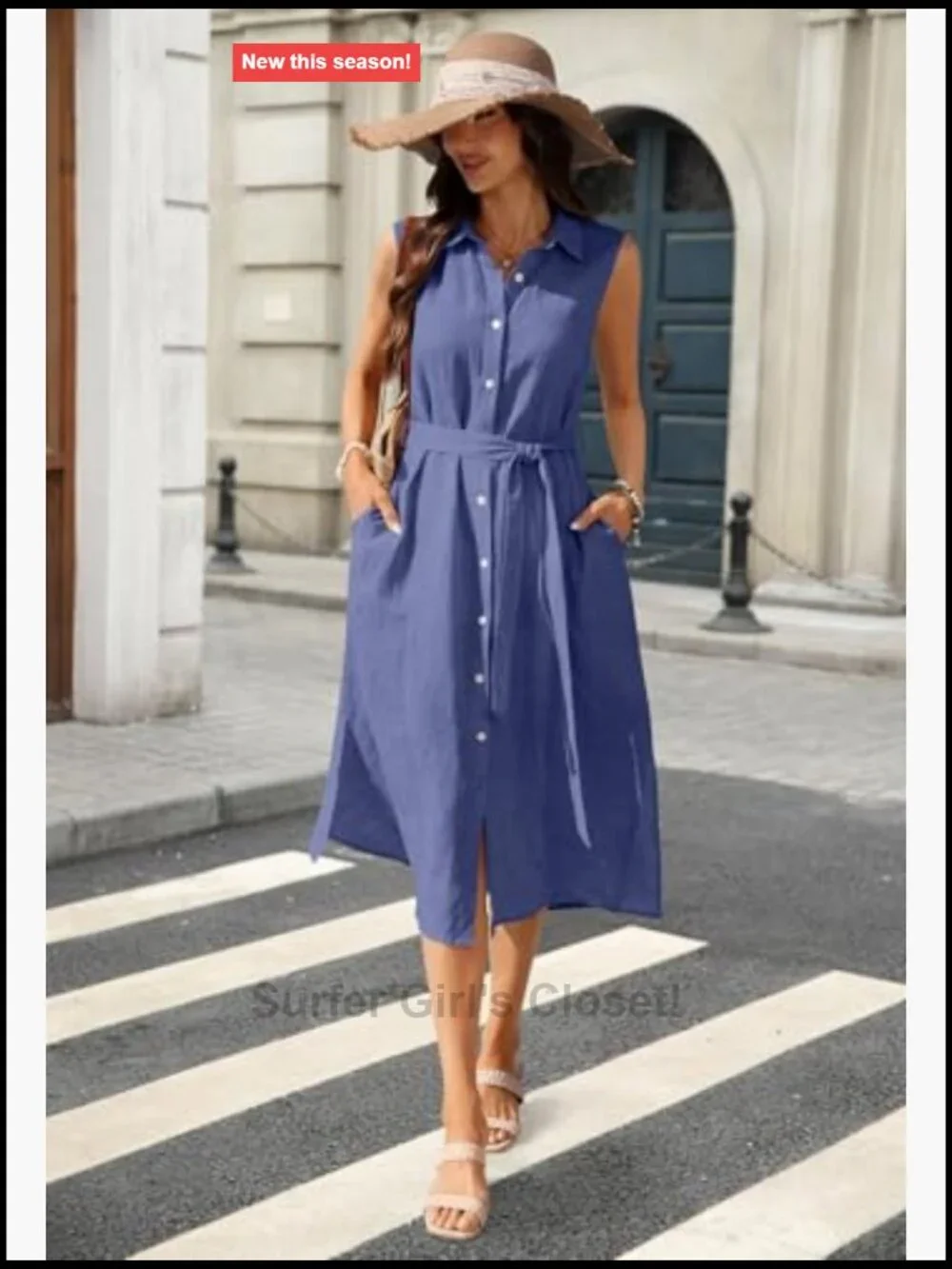 100% Linen Midi Dress Button Down Sleeveless Collared Shift with Pockets Summer